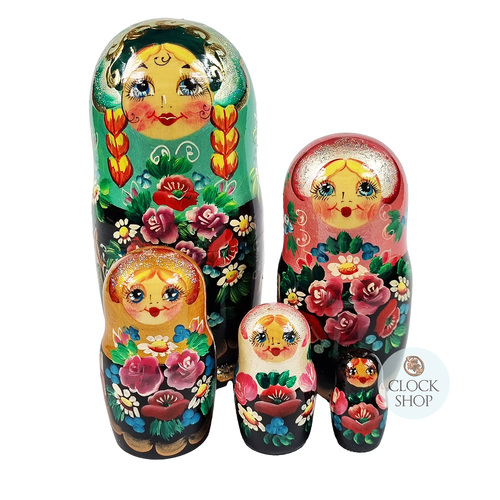 Floral Russian Dolls- Multi-Coloured With Green Scarf 18cm (Set Of 5)