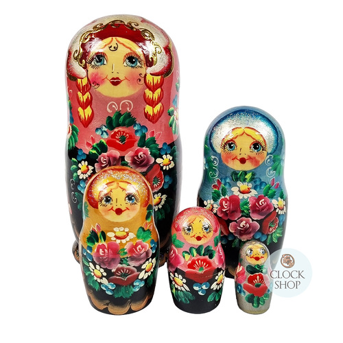 Floral Russian Dolls- Multi-Coloured With Pink Scarf 18cm (Set Of 5)