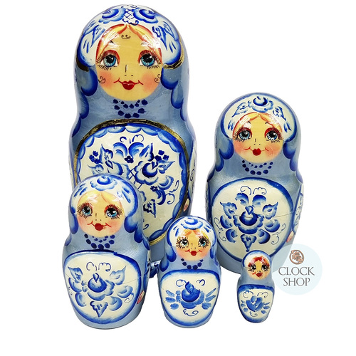 Floral Russian Dolls- Blue Pearl Finish 18cm (Set Of 5)
