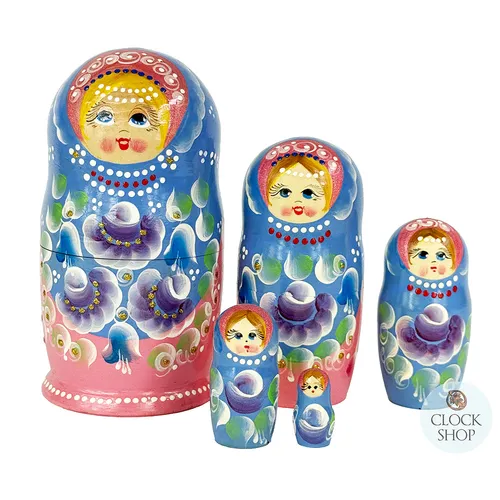 Floral Russian Dolls- Blue & Pink 18cm (Set Of 5) image