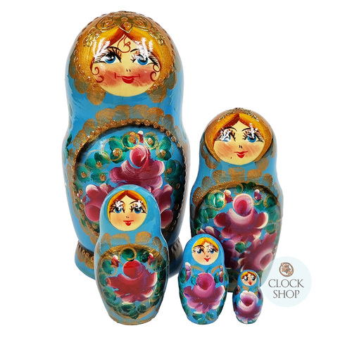 Floral Russian Dolls- Blue 15cm (Set Of 5) image