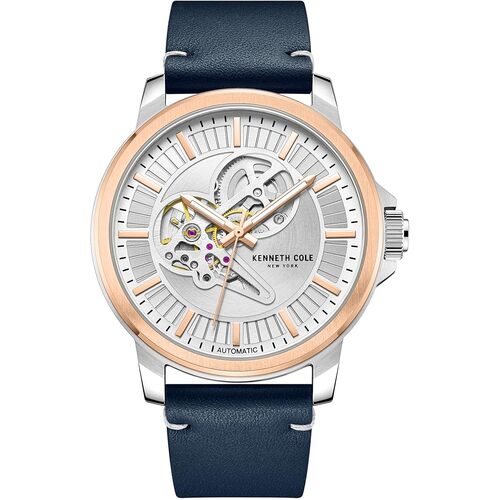 44mm Silver & Rose Gold Automatic Mens Watch With Skeleton Dial & Blue Leather Band By KENNETH COLE image