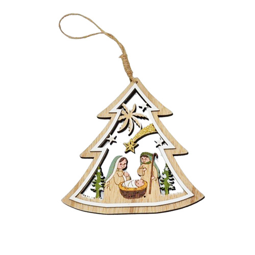 13cm Wooden Tree With Nativity Scene Hanging Decoration image