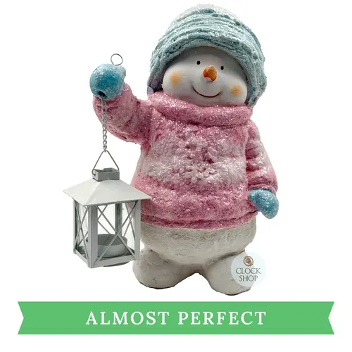 31cm Pink & Blue Snowman With Tealight Lantern (Cracked) image