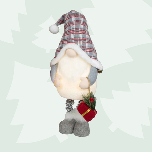 Wesley Willowisp | 85cm LED Extendable Christmas Gnome With Tartan Hat | Grey