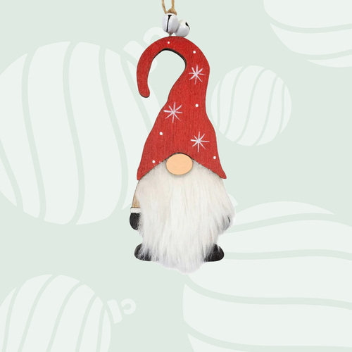 6cm Wooden Christmas Figurine Hanging Decoration- Red Starry Hat