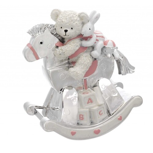Pink & Silver Teddy On Rocking Horse Music Box (Twinkle Twinkle Little Star) image