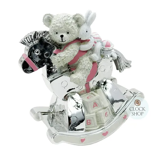 Pink & Silver Teddy On Rocking Horse Music Box (Twinkle Twinkle Little Star) image