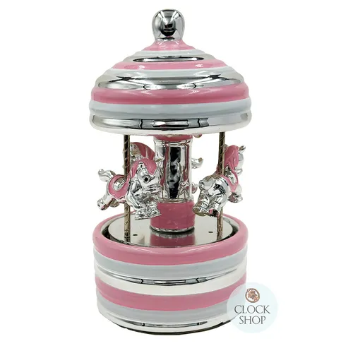 Pink & Silver Horse Carousel Music Box With Stripes (Twinkle Twinkle Little Star) image