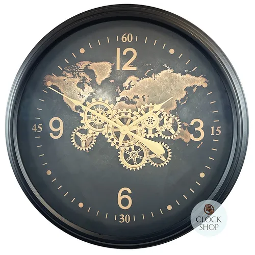 80cm Carta Black World Map Wall Clock With Moving Gears By COUNTRYFIELD image