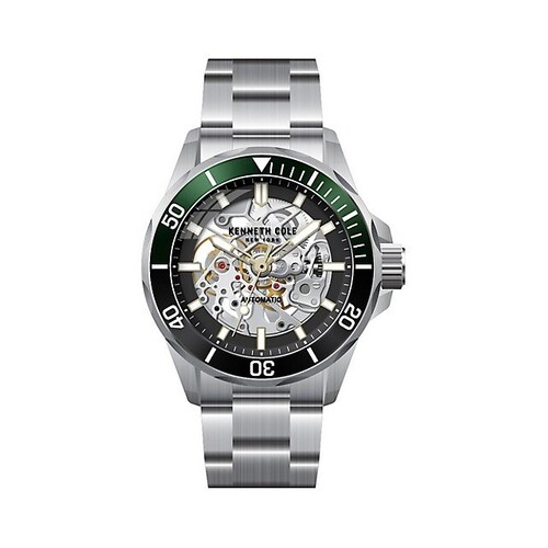 43mm Silver Automatic Mens Watch With Black & Green Skeleton Dial By KENNETH COLE image