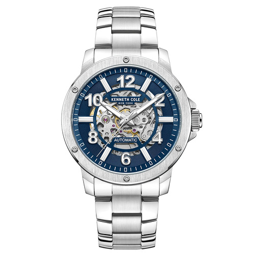 44mm Silver Automatic Mens Watch With Blue & Silver Skeleton Dial By KENNETH COLE image