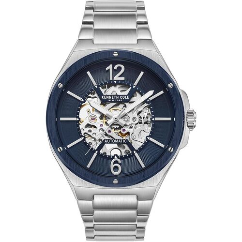 44mm Silver Automatic Mens Watch With Blue Skeleton Dial By KENNETH COLE image