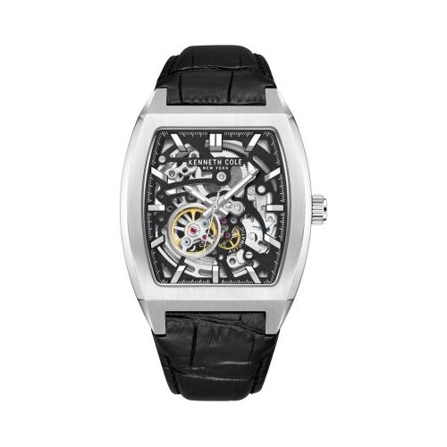 40mm Silver Automatic Mens Watch With Skeleton Dial & Black Leather Band By KENNETH COLE image