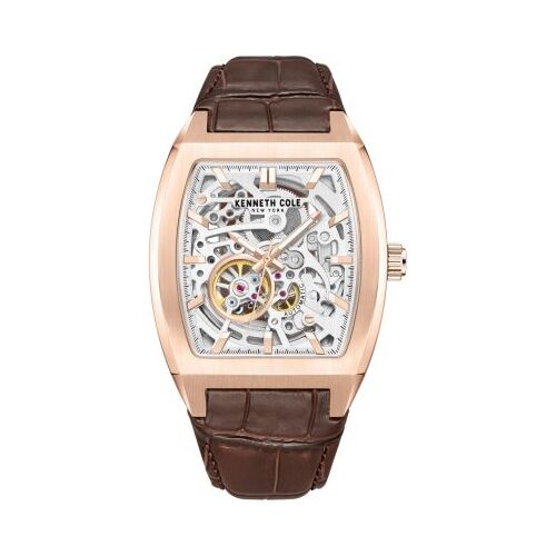 40mm Rose Gold Automatic Mens Watch With Skeleton Dial & Brown Leather Band By KENNETH COLE image