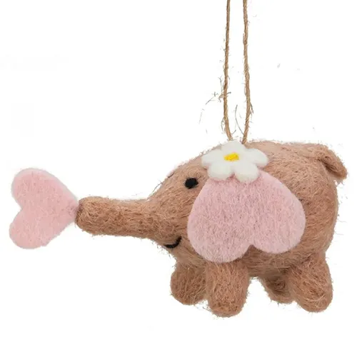 11.5cm Felt Elephant With Pink Heart Hanging Decoration image
