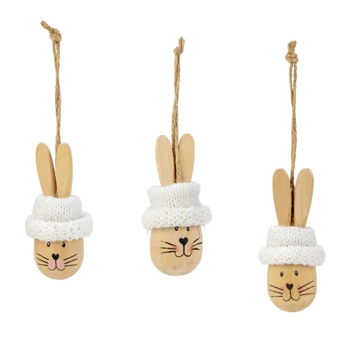 9cm Wooden Rabbit In White Hat Hanging Decoration- Assorted Designs image