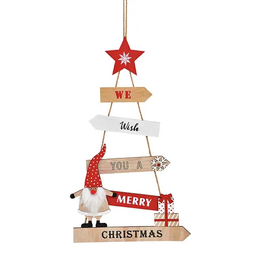 47cm Wooden Sign Red & Natural Christmas Tree Hanging Decoration image