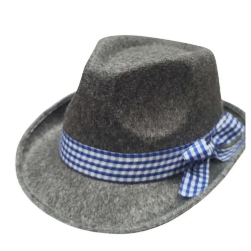 Grey Trilby Party Hat With Blue & White Checkered Ribbon image