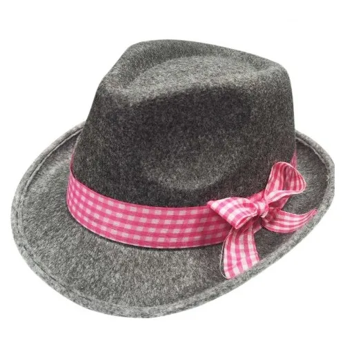 Grey Trilby Party Hat With Pink & White Checkered Ribbon image
