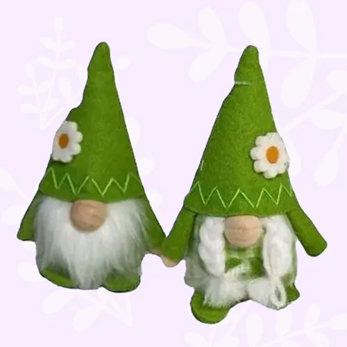 Green Gnome With Gingham Clothing & Flower Hat- Boy Or Girl image