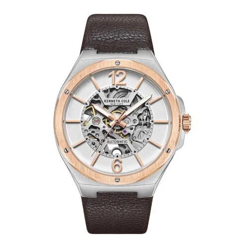 43.5mm Silver & Rose Gold Automatic Mens Watch With Skeleton Dial & Brown Leather Band By KENNETH COLE image