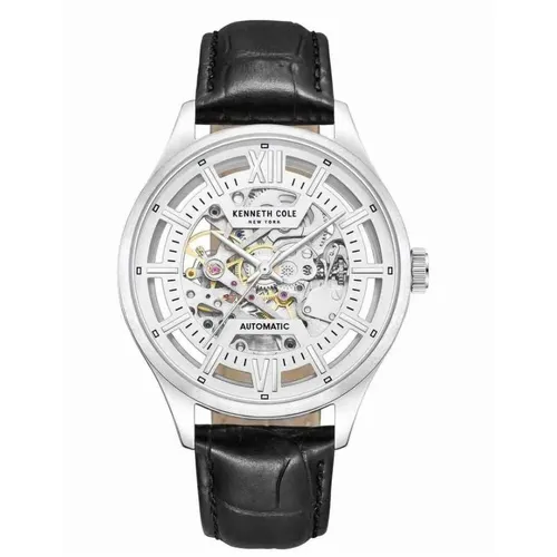 42mm Silver Automatic Mens Watch With Skeleton Dial & Black Leather Band By KENNETH COLE image