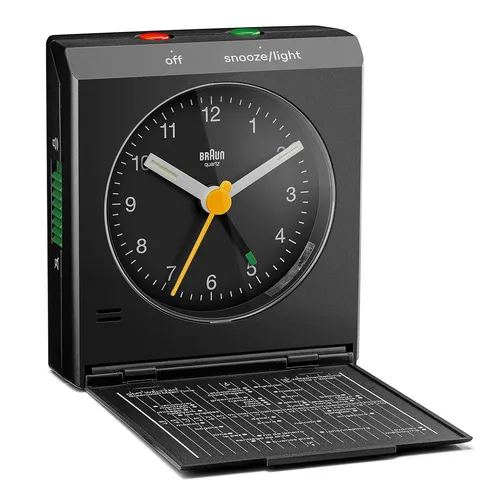 7.8cm Black Analogue Travel Alarm Clock With World Time Zone Map By BRAUN image