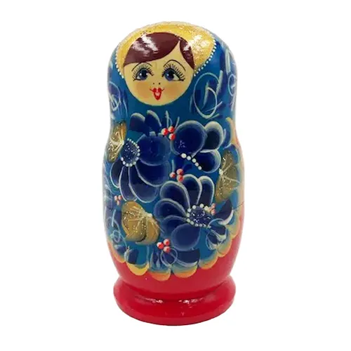 Floral Russian Dolls- Blue With Gold Crown 15cm (Set Of 5) image