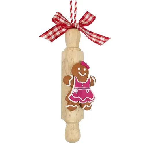 13cm Gingerbread Figure On Rolling Pin Hanging Decoration- Girl