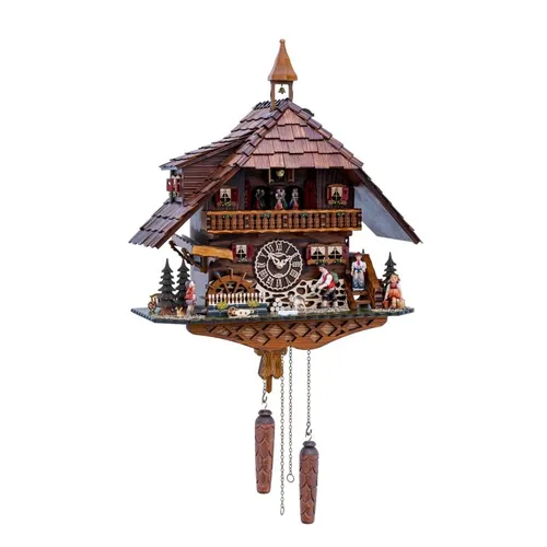 Black Forest House With Hiker & Dog Battery Chalet Cuckoo Clock 52cm By TRENKLE image