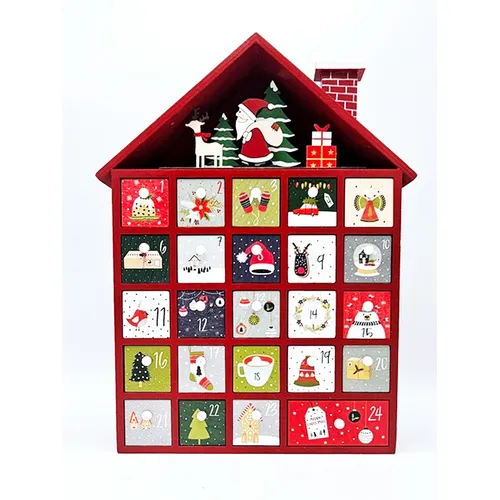 34.5cm Wooden House LED Advent Calendar- Red image