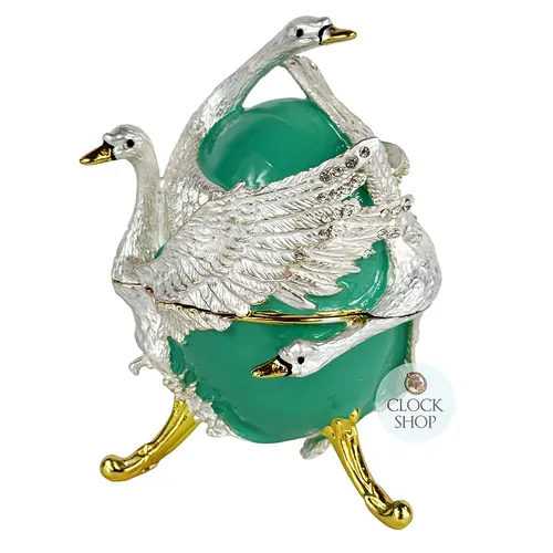 Green & White Egg Shaped Music Box With Swans (Tchaikovsky- Swan Lake) image