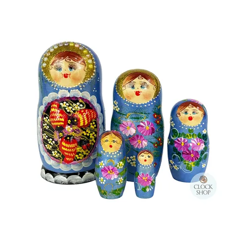 Floral Russian Dolls- Blue Scarf With Strawberries & Pearl Crown 18cm (Set Of 5) image