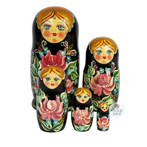 Floral Russian Dolls- Black Scarf With Pink Flowers 18cm (Set Of 5) image
