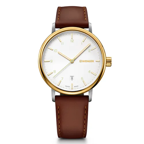 40mm Urban Classic Mens Swiss Quartz Watch With White Dial & Brown Leather Band By WENGER image