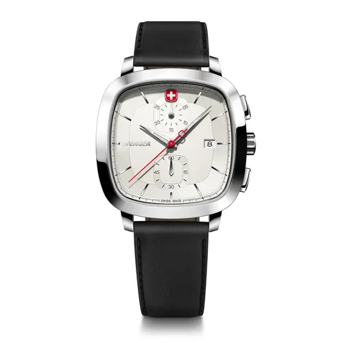 39.5mm Vintage Classic Mens Swiss Quartz Watch With White Chronograph Dial & Black Leather Band By WENGER image
