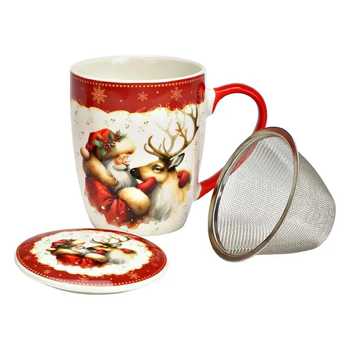 13cm Christmas Tea Mug With Strainer - Santa With Deer