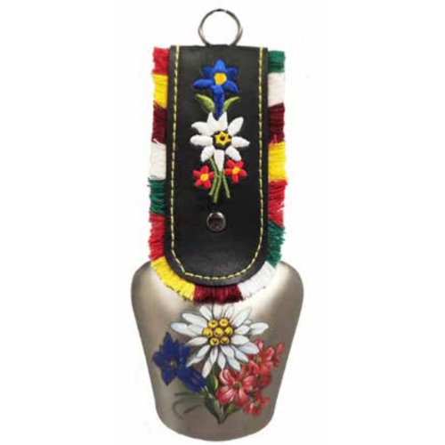 5cm Grey Cowbell With Painted Flowers & Fringed Black Leather Strap image