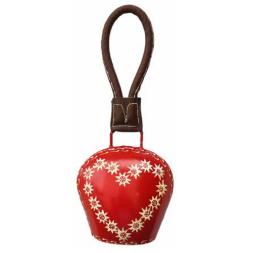 24cm Red Cowbell With Painted Flowers & Brown Leather Strap image