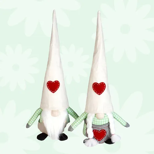 Basil & Blossom Sweetleaf | 23cm Gnome With Green Gingham Clothing & Love Heart Hat | Boy Or Girl image