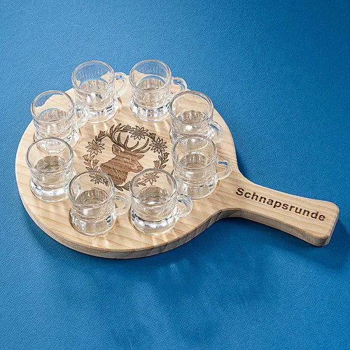 Round Schnapps Serving Board With Deer Head & 8 Glasses image