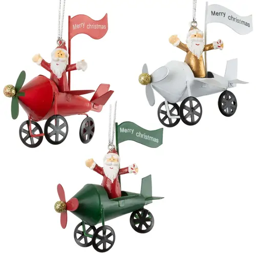 10cm Santa In Metal Biplane Hanging Decoration- Assorted Designs image