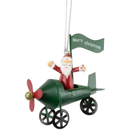 10cm Santa In Green Metal Biplane Hanging Decoration