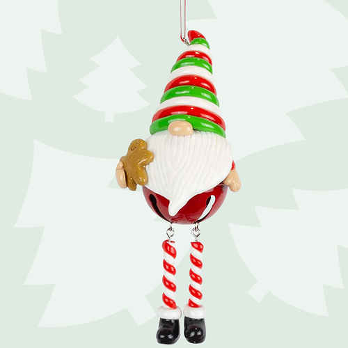 15cm Christmas Bell Gnome With Dangle Legs Hanging Decoration - Holding Gingerbread