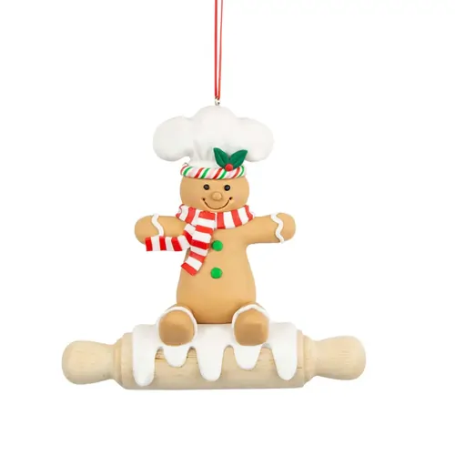 13cm Gingerbread Man On Rolling Pin- Red Scarf