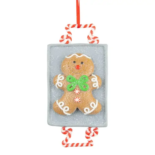 12cm Gingerbread Man On Tray Hanging Decoration- Green Bowtie