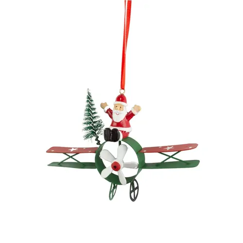 14cm Metal Biplane Hanging Decoration- Santa
