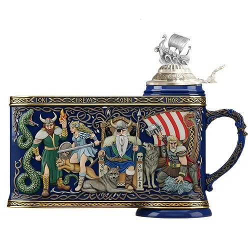 Nordic Gods Beer Stein Coloured With Pewter Viking Ship Lid 0.75L By KING image