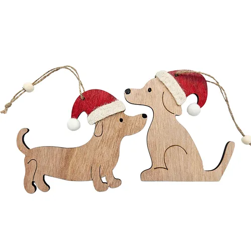 10cm Wooden Dog In Christmas Hat Hanging Decoration- Assorted Designs image